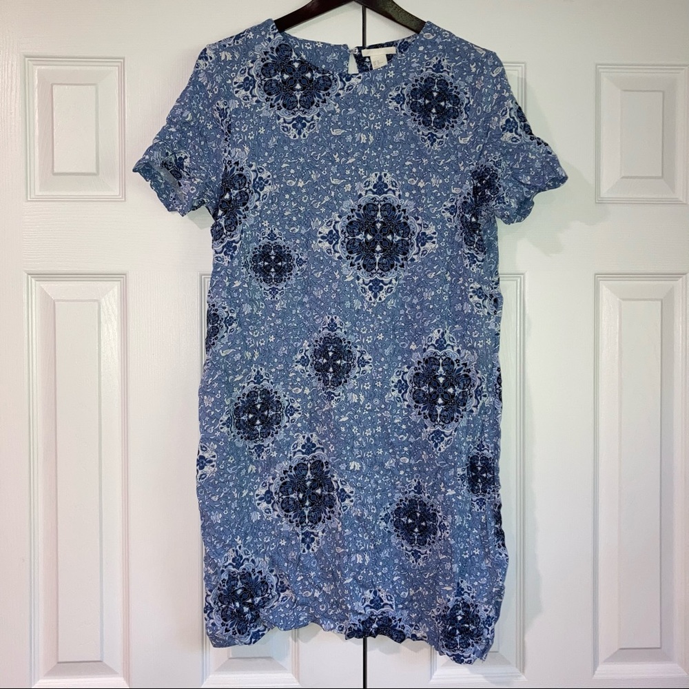 H&M Blue Paisley Bird Print Short Sleeve Tunic Dress Size 10